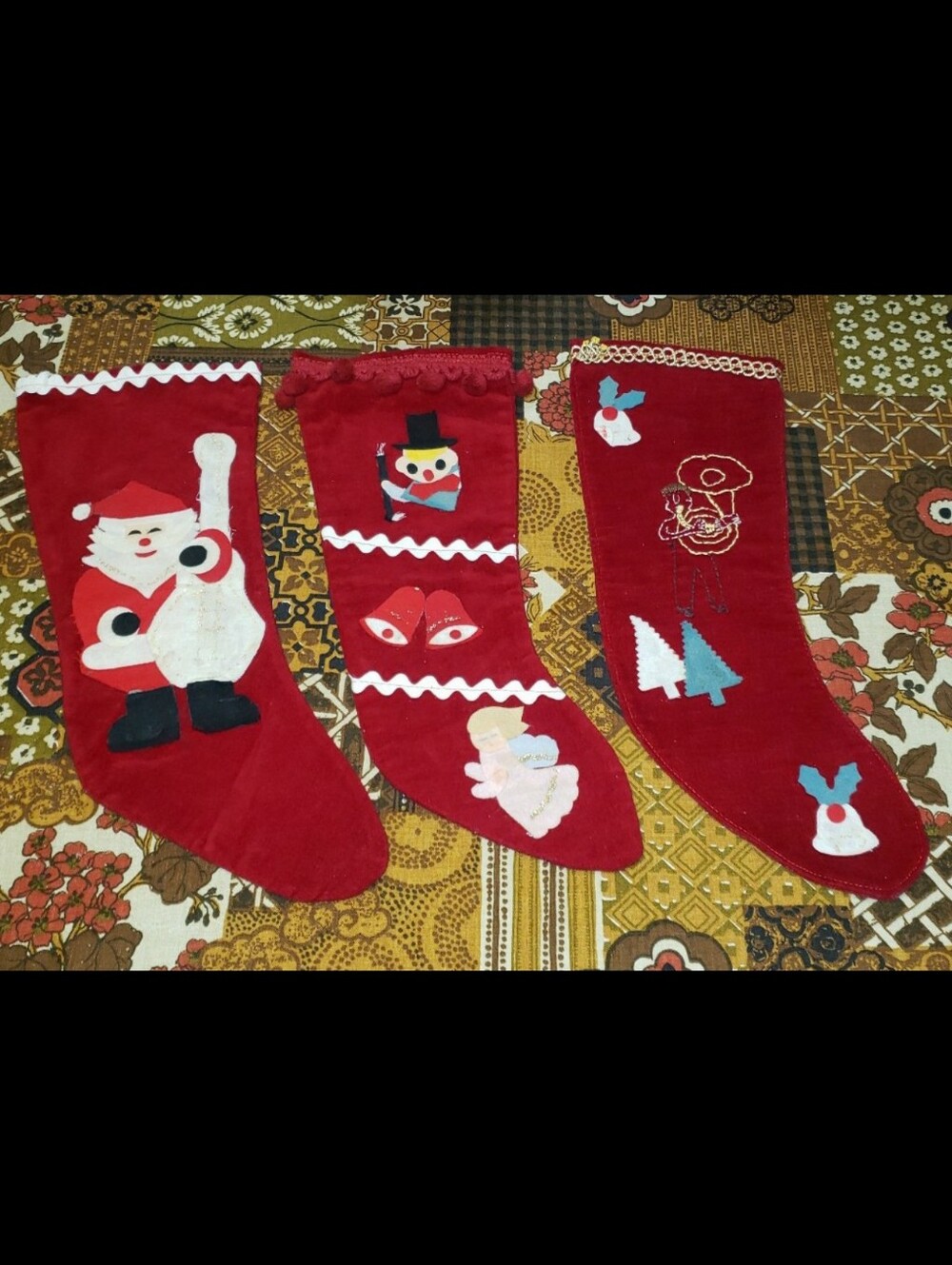 Set Of Three (3) Handmade Mid-Century Christmas Stockings